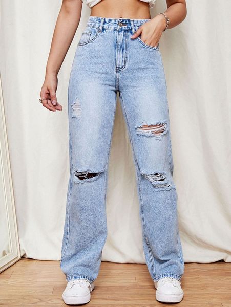 

zipper fly ripped boyfriend jeans z82h#, Blue