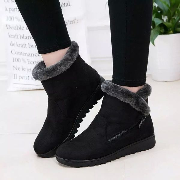

winter boots women shoes 2020 solid flat plush warm snow boots women shoes zipper platform ankle casual woman #db1b, Black