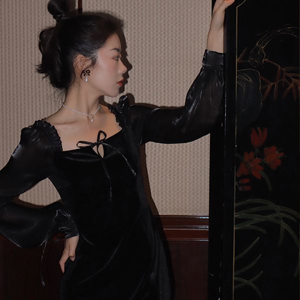 

2021 new retro velvet black long sleeve winter mesh women midi split dress 2021 spring wedding party one-piece clothing ladies new p14e, Black;gray