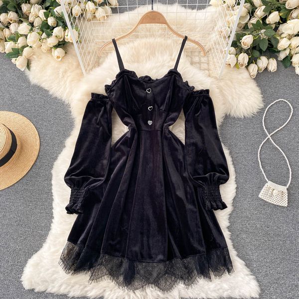 

fashion women princess black mini dress off shoulders high waist lace patchwork gothic dress korean party vestidos 2022, Black;gray