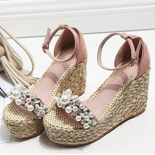 

women's peep toe wedges platforms wedding ankle buckles pearl crystal sandals concise fashion women sandals women shoes#g40, Black