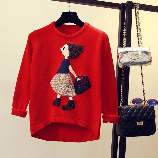 

2021 new autumn pullover sweater women lovely doll appliques basic streetwear jumper female pull femme hiver t 1qu5, White;black