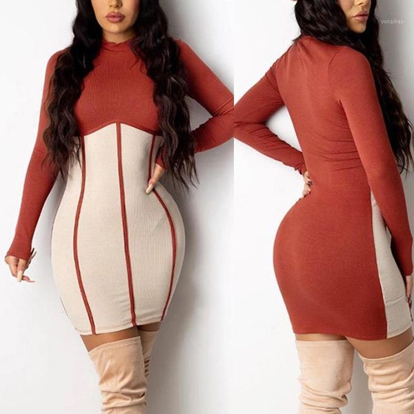 

women long sleeve bodycon mini dress contrast color stripes patchwork ribbed knitted high waist autumn party clu1, Black;gray
