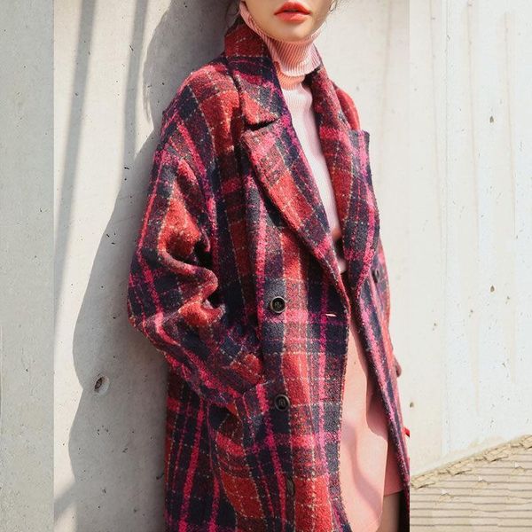 

winter new jacket vintage plaid blends woolen coat casual loose long temperament lapel single-breasted blend wool coats1, Black
