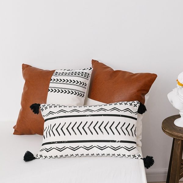 Capa de almofada de algodão de couro faux de couro marrom 45x45cm / 35x50cm para sofá cama decoração de casa descanso caso moderno design 210201