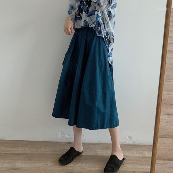 

solid korean cotton linen skirt women elastic waist casual patchwork peacock blue/black/white/khaki skirts 2020 summer1