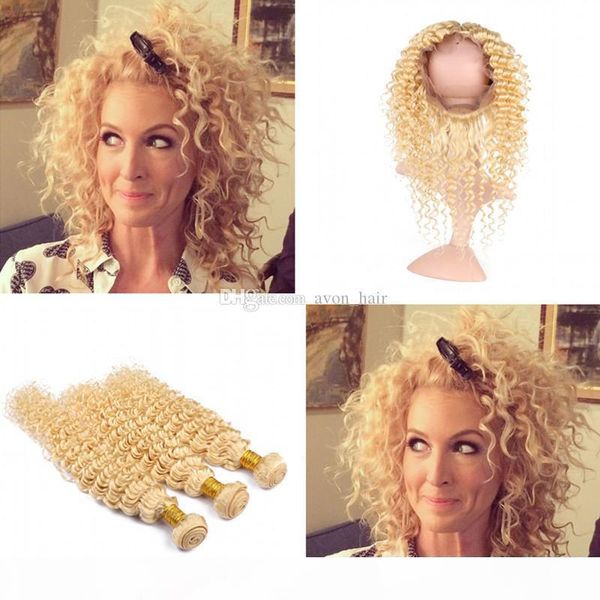 

pre plucked 360 frontal with blonde deep curly hair 3bundles blonde 613 brazilian deep wave virgin hair weaves with 360 frontal, Black;brown