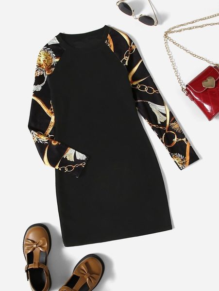 

girls chain & baroque print raglan sleeve dress she, Red;yellow