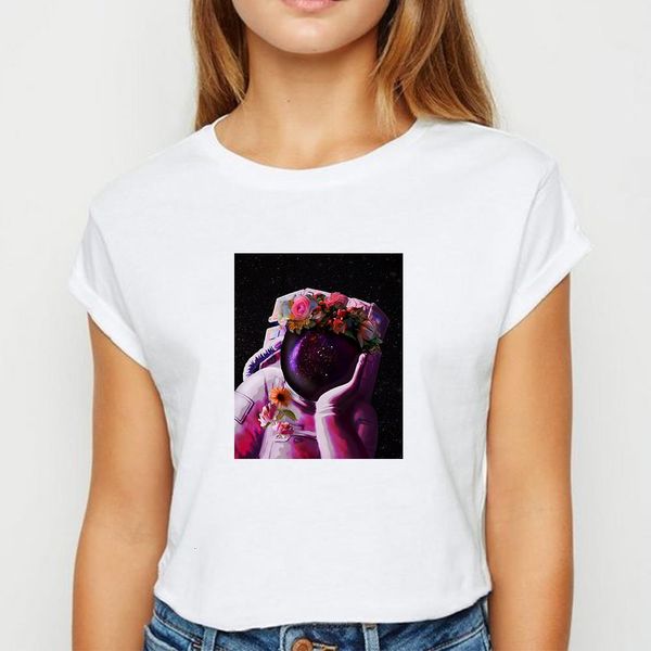 

new t-shirt female flower astronaut tshirt harajuku spring summer women's shirt cute and pretty printing o-neck t-shirts, White
