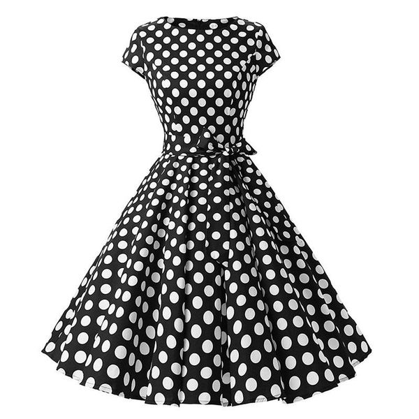 

round neck big polka dot hepburn retro swing dress, Black;white