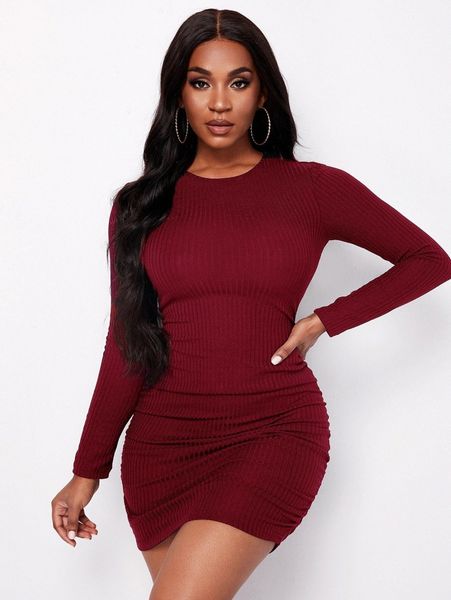 

solid ribbed knit bodycon dress f2mk#, Black;gray