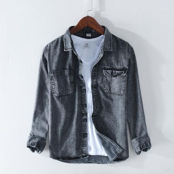 

autumn men 100%cotton denim shirt man brand long sleeve blue shirts male fashion design casual slim fit jeans clothing y24141, White;black