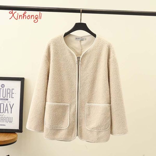

plus size pockets o-neck women loose fleece jackets 2020 new winter autumn casual ladies zipper coat female solid beige oversize, Black;brown