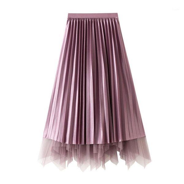 

purple grey reversible velvet tulle skirt womens spring autumn fashion korean high waist midi long a-line pleated skirt female1, Black