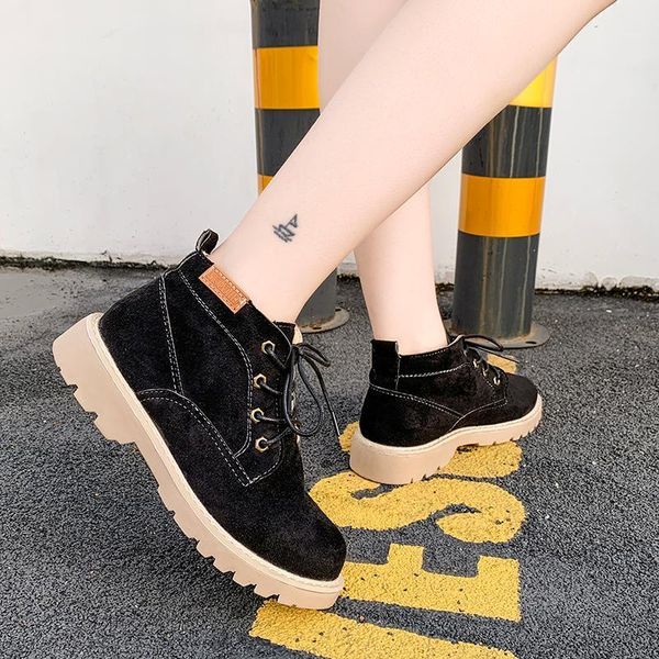

2020 fashion women flock leather boots round toe lace up short boots low square heel women ankle autumn shoes xu0801, Black