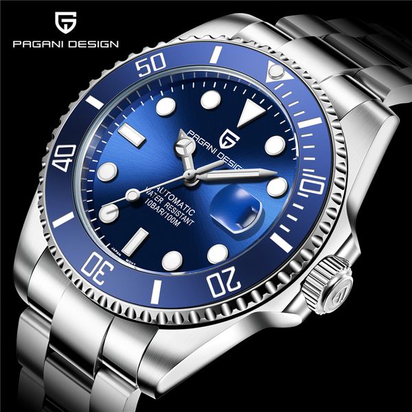 

pagani design brand luxury dive watches automatic mechanical movement blue ceramic bezel watch men stainless steel waterproof wristwatches, Slivery;brown