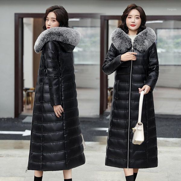 

long over-the-knee straight fight the wind of new fund of 2020 winter collars female big yards leather coat1, Black