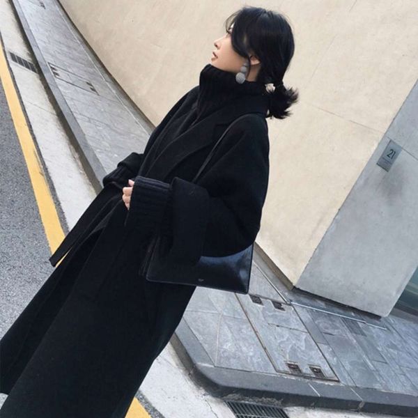 

2020 new off season double faced cashmere overcoat women's mid long high end autumn and winter black tweed coat