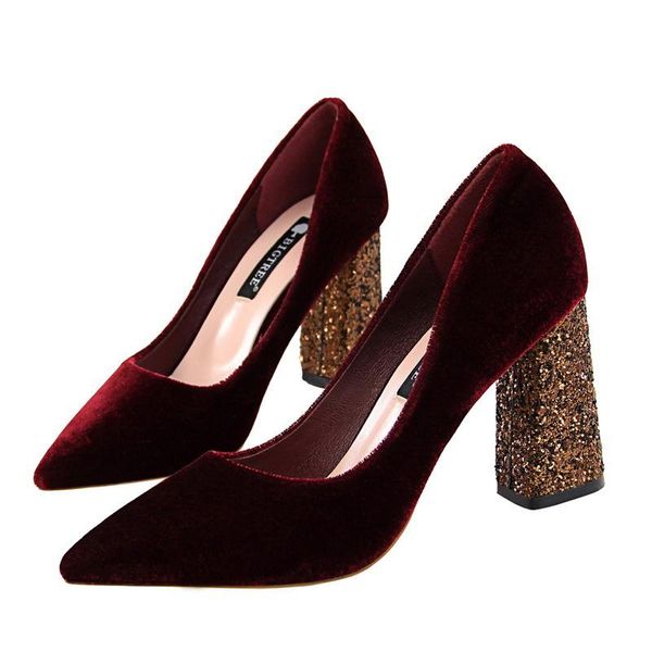 

autumn and winter new wild velvet black pointed thick with shallow mouth female bride red wedding shoes