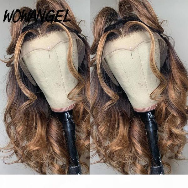 

13x6 honey blond ombre color highlight 150% lace front human hair wigs for women remy brazilian invisible pre plucked, Black;brown
