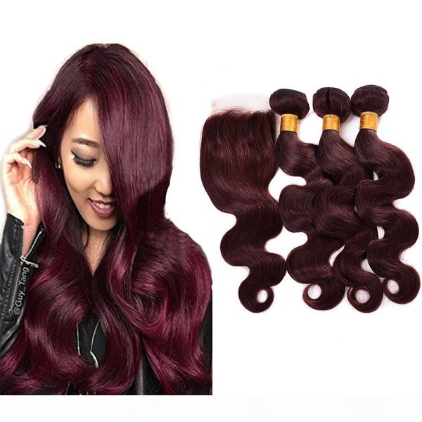 

brazilian peruvian wine red hair with closure 4pcs lot 99j two tone brazilian hair weave bundles with body wave 4x4 lace closure, Black;brown