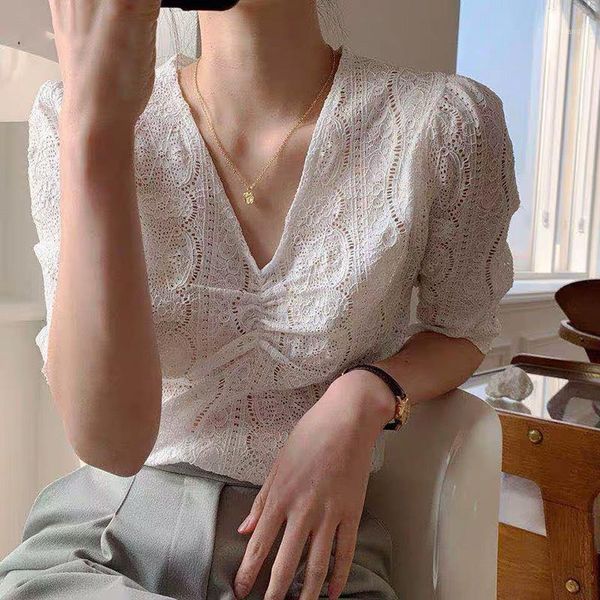 

herstory women spring half puff sleeve blouse shirts drapped female lace blouse casual street lady v-neck short 1, White