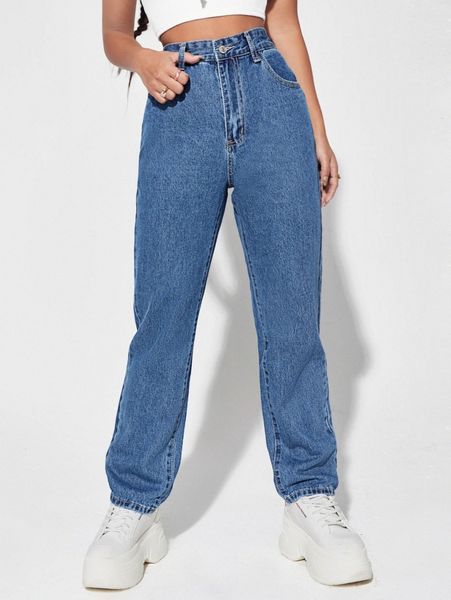 

high waist slant pocket straight jeans 97fk#, Blue