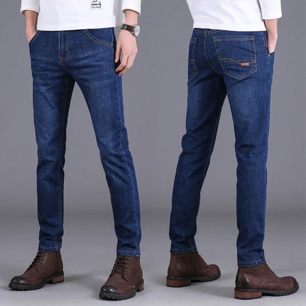 

men's jeans autumn and winter trousers male fashion casual slim straight-leg pants thin elasticity long plus velevet, Blue