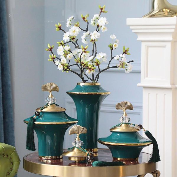 

green flying saucer shape ceramic vase for home living room decorative storage jar with gold ginkgo leaf cover decor ornaments