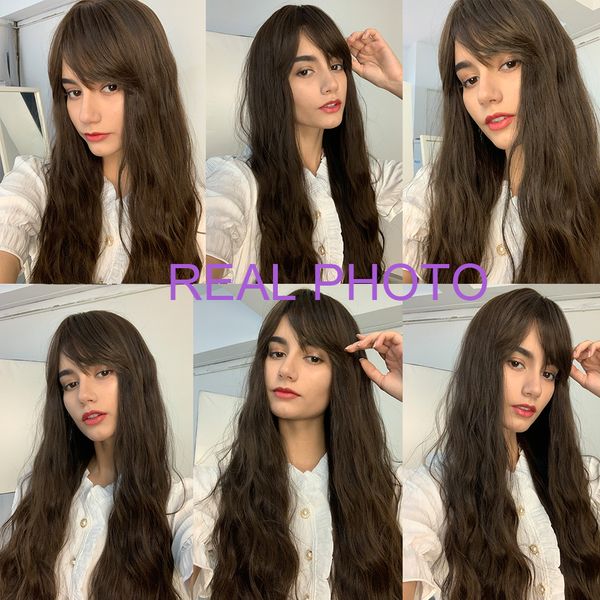 

costume accessories easihair long dark brown water wave synthetic wigs for women natural hair wigs with said bangs daily wigs heat resistant, Silver