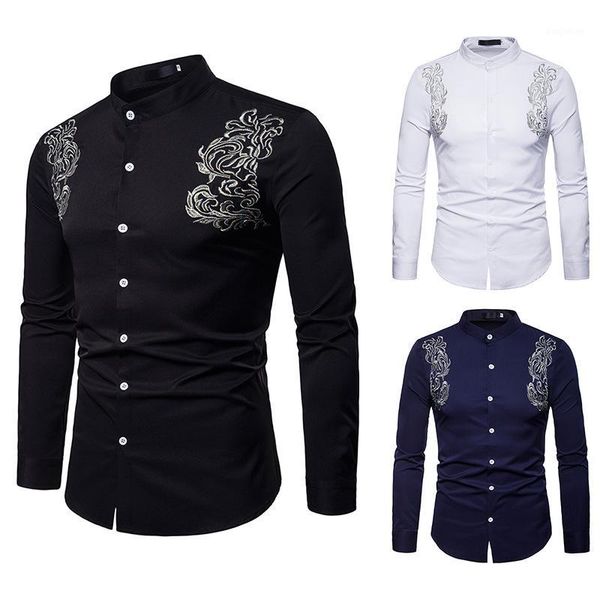 

fashion brand men's long sleeved shirt casual henry collar shirt men embroidery shirts male nightclub party wear dt18001, White;black