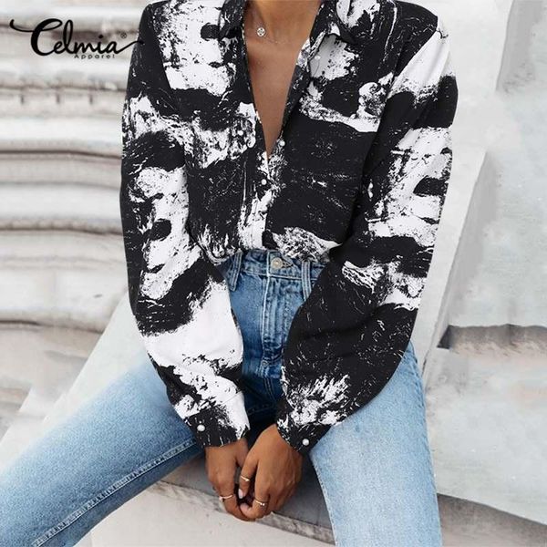 

fashion celmia v-neck women shirt vintage long sleeve blouse tie dye print casual buttons shirts plus size blusas femininas, White