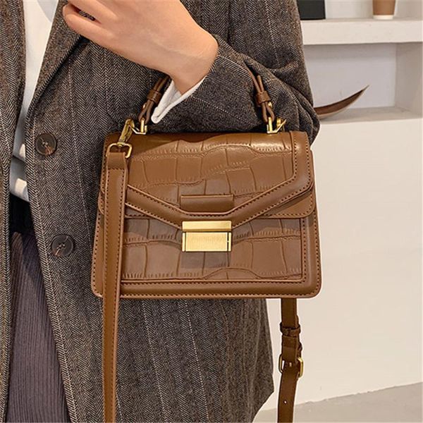 

cross body women's stone pattern textured pu leather shoulder bag clamshell lock designer handbags female casual small square messenger