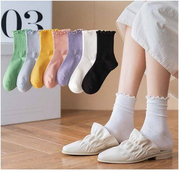 

socks women harajuku sweet retro short socks lolita frilly ruffle cotton sock girls comfortable solid colorful ankle so bbydhu, Black