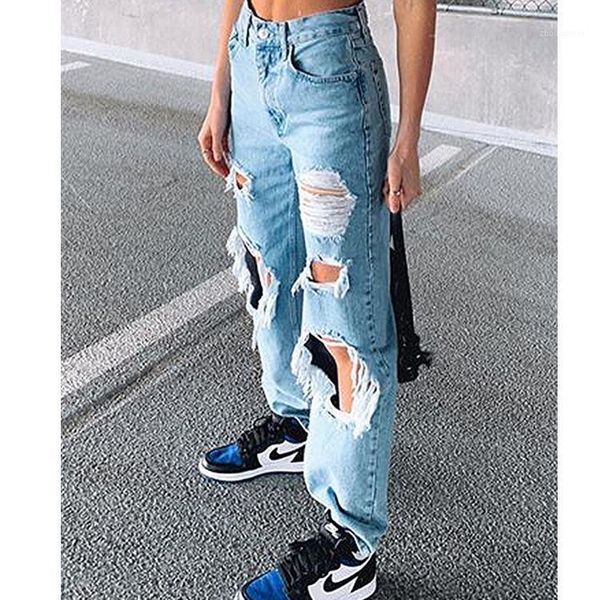 

2021 womens stretch ripped hole washed denim jeans female jeggings high waist pencil pants trousers1, Blue