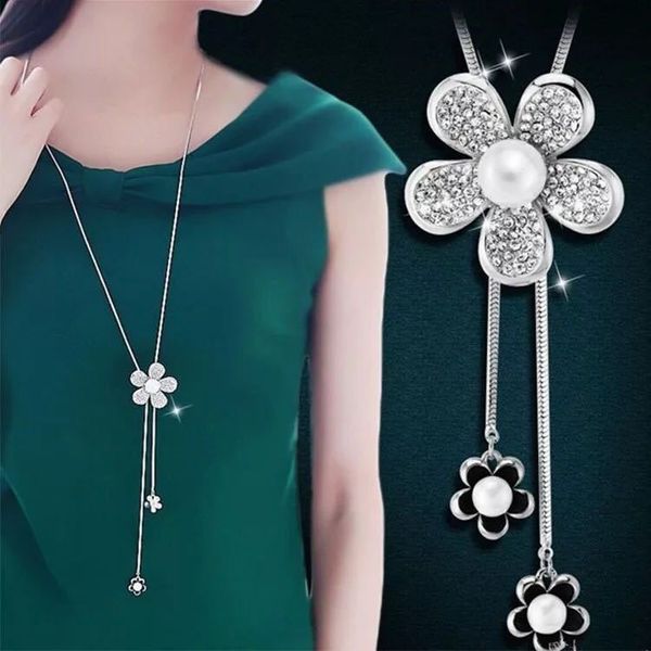 

factory luxu direct sales crystal flower sweater chain women autumn winter wild maple leaf fox long chain chain new tassel jewelry wholesale, Silver