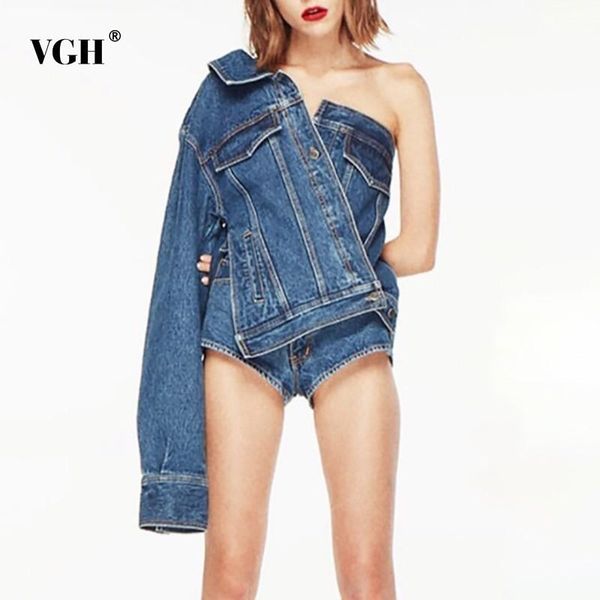 

vgh denim coat for women lapel collar long sleeve off shoulder pockets hem irregular coats female fashion new tide summer 2020, Black;brown