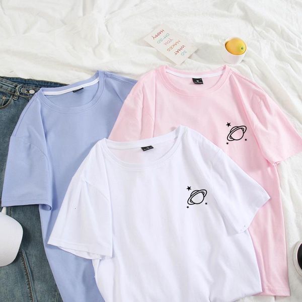 

t shirt couple summer cotton planet printed harajuku pastel colors plus size tee shirt women clothes hip hop, White