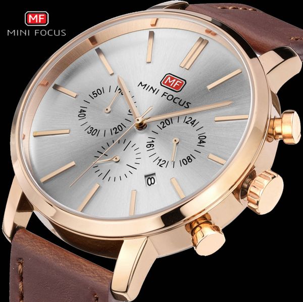 

minifocus classic retro quartz watch men casual business watches multi dial clock man genuine leather band wristwatch waterproof, Slivery;brown