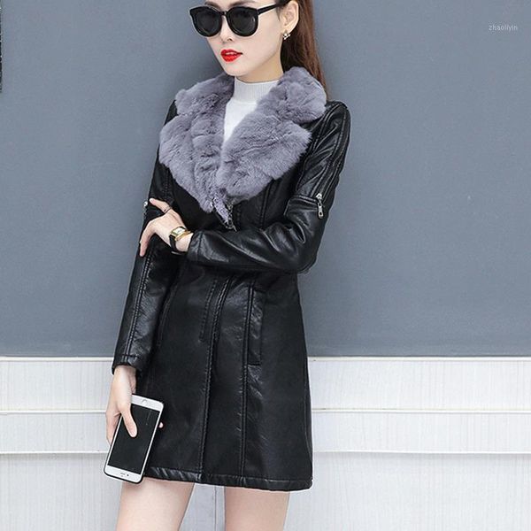 

plus size fur collar faux leather jacket black leather jacket zipper long women winter coat motorcycle coat women1