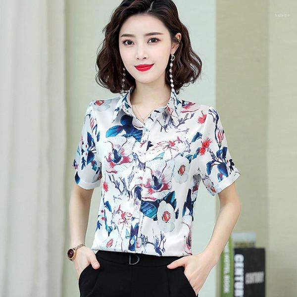 

korean silk shirts women short sleeve satin blouses print shirt plus size blusas femininas elegante lady floral blouse 3xl1, White