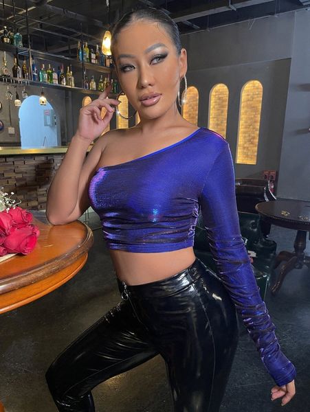 

sxy one shoulder ruched metallic crop o77v#, White