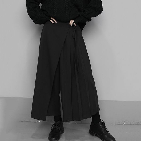 

[eam] high elastic waist black pleated split wide leg trousers new loose fit pants women fashion tide spring autumn 1n666 201119, Black;white