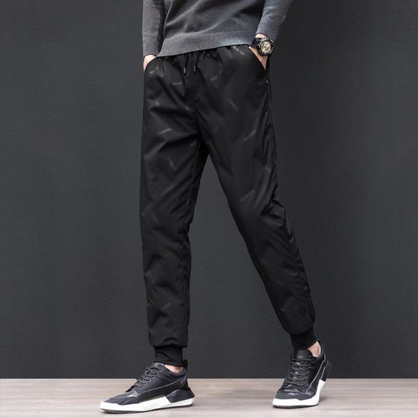 

men's pants 2021 style down urban casual white duck trousers slim solid colour male lacing, Black