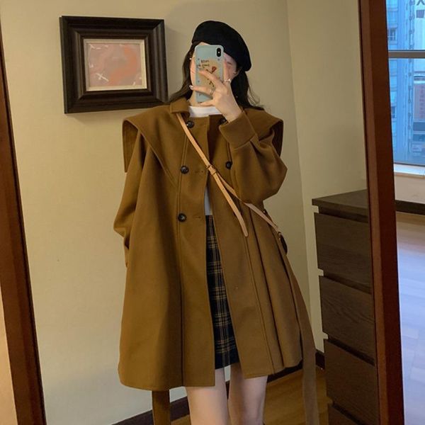 

women's wool & blends woollen coat winter dress 2021 style foreign design feeling loose double breasted long sleeve medium length wo, Black