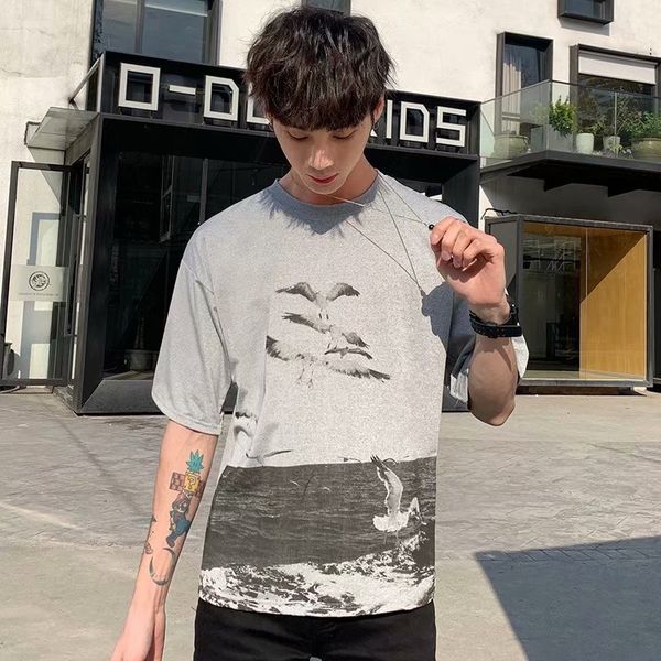 

version sleeve t-shirt 2020 summer korean ins loose trend men's fashion base shirt, White;black