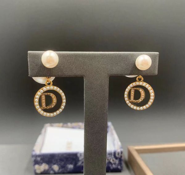 

fashion designer pearl diamond d-shaped stud earrings dangle chandelier with gift box ed001 1pc dropship, Silver