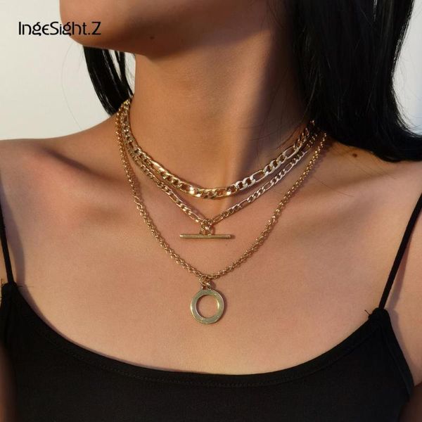 

ingesight.z 3pcs/set multi layered round circle metal strips pendant necklace vintage gold color choker necklaces collar jewelry, Silver
