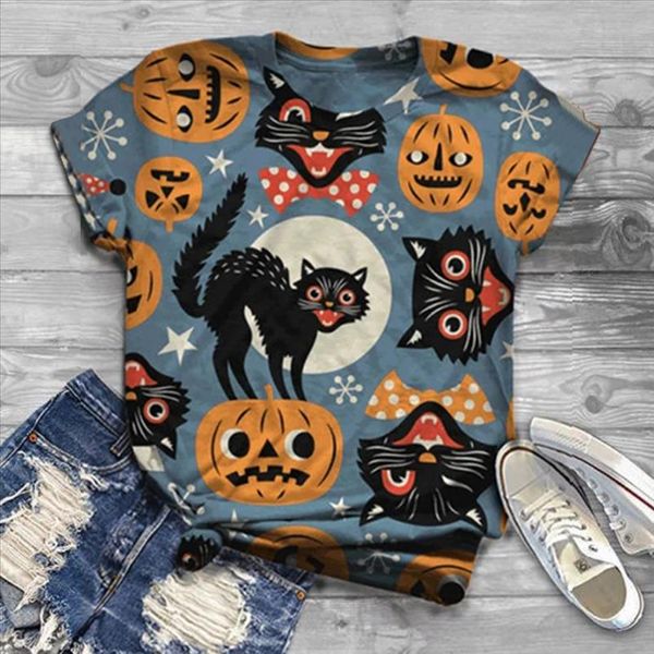 

halloween printed womens shirt short sleeved with round neck plus size thanksgiving womens print casual tees gothic, White