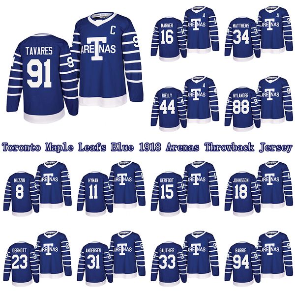 

custom toronto maple leafs blue 1918 arenas throwback jersey 91 tavares 34 matthew 16 marner 44 rielly 31 andersen hockey jerseys, Black;red